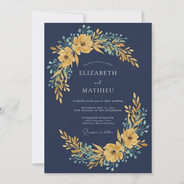 Convite Casamento Flor de Ouro Marinho (Frente)