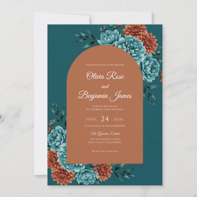 Convite Casamento Flor de Outono Azul (Frente)