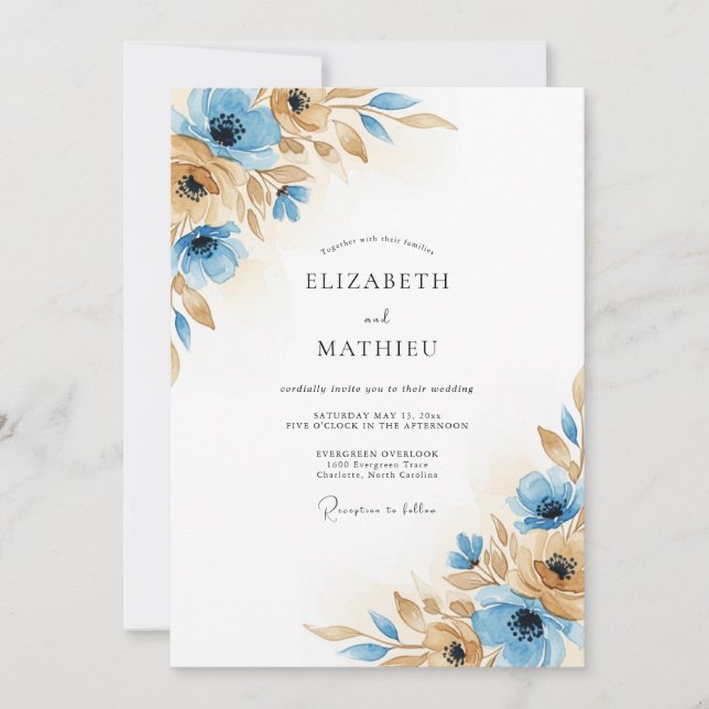 Convite Casamento Flor de Outono Azul Marrom (Frente)