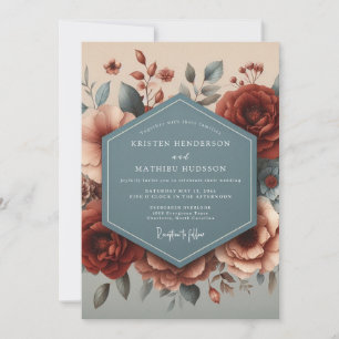 Convite Casamento Flor de Outono em Ardósia e Borgonha