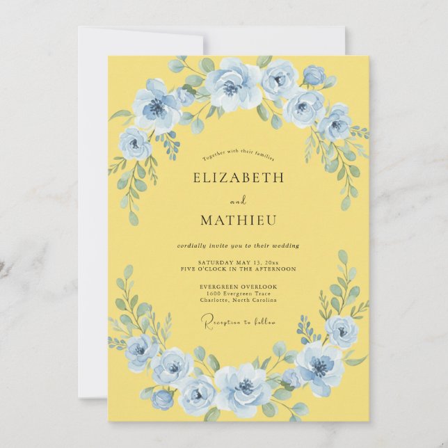 Convite Casamento Flor de Pastel Azul (Frente)