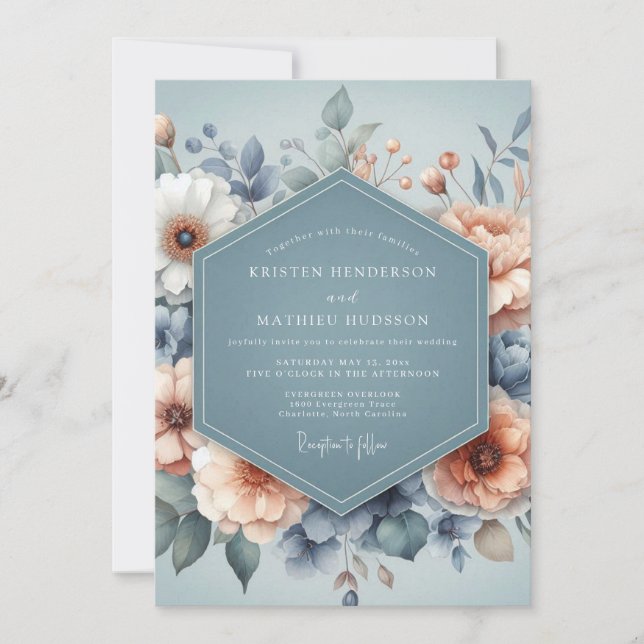 Convite Casamento Flor de Pastel Azul Ardósia (Frente)