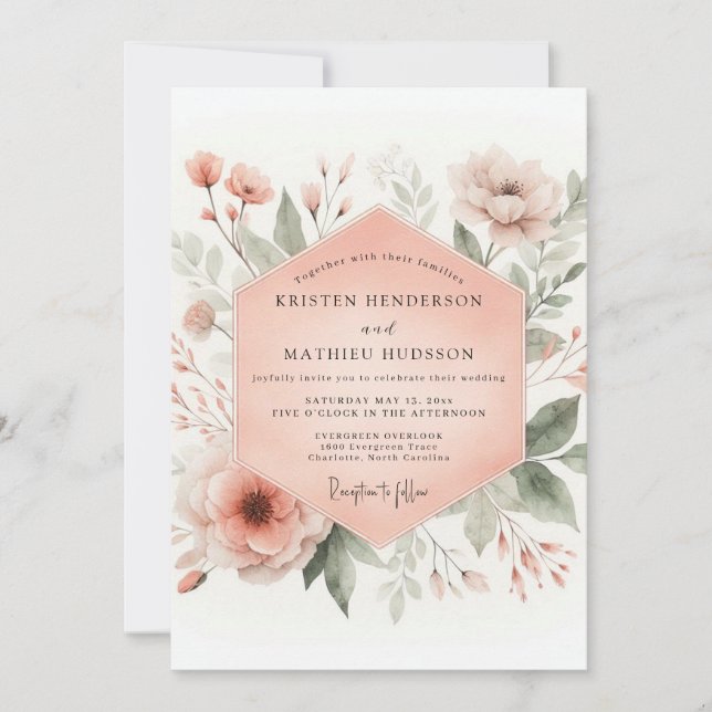 Convite Casamento Flor de Peachy Blush (Frente)