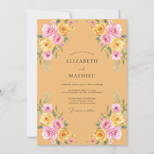 Convite Casamento Flor de Peônia Mostarda Prensada (Frente)