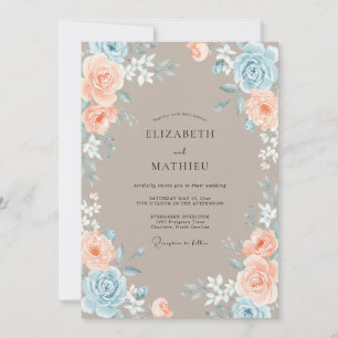 Convite Casamento Flor de Pêssego Azul Empoeirado