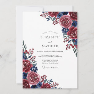 Convite Casamento Flor de Pintura Azul Borgonha