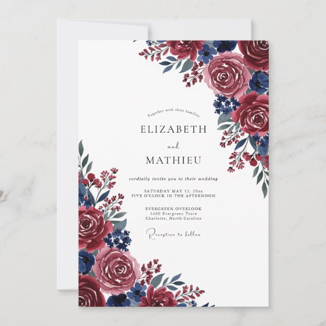 Convite Casamento Flor de Pintura Azul Borgonha (Frente)