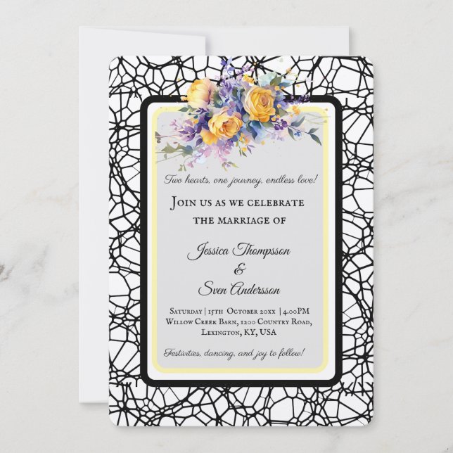 Convite Casamento Flor de Rosa Amarela Romântica Moderna (Frente)