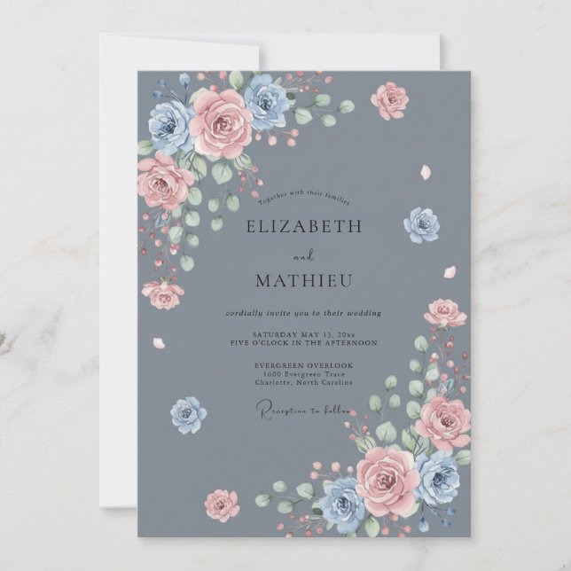 Convite Casamento Flor de Rosa Azul Empoeirada (Frente)