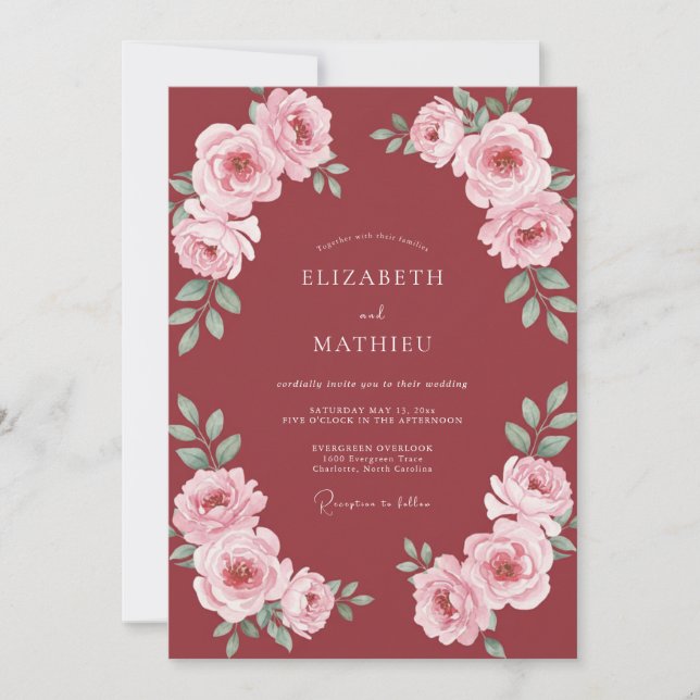 Convite Casamento Flor de Rosa Carmesim (Frente)