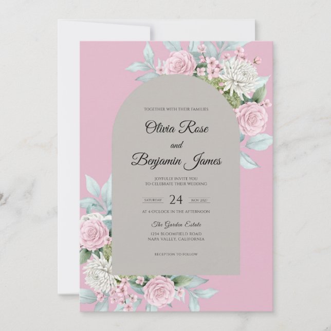 Convite Casamento Flor de Rosa Cinza (Frente)