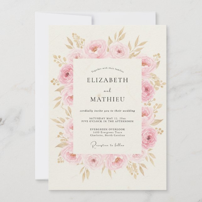 Convite Casamento Flor de Rosa Cor de Blush (Frente)
