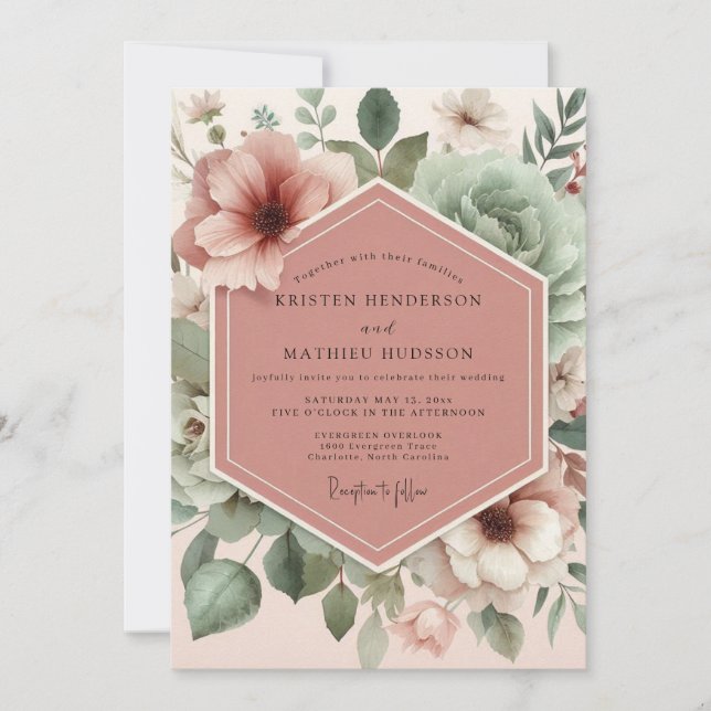 Convite Casamento Flor de Rosa Desbotada Vintage (Frente)