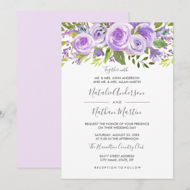 Convite Casamento Flor de Rosa Lavanda Roxa (Frente/Verso)
