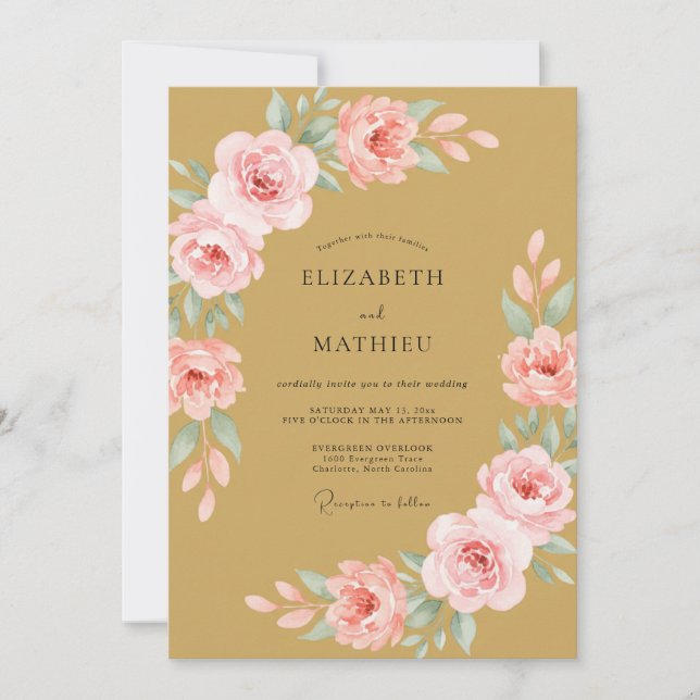 Convite Casamento Flor de Rosa Macia Dourada (Frente)