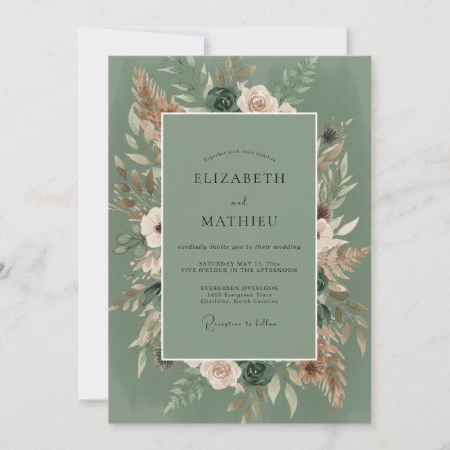 Convite Casamento Flor de Sabugueiro Verde Boho (Frente)