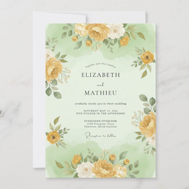Convite Casamento Flor de Seda Verde Áurea (Frente)