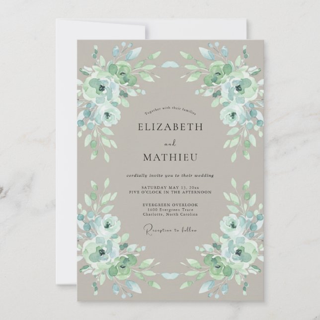 Convite Casamento Flor de Seda Verde Sage (Frente)