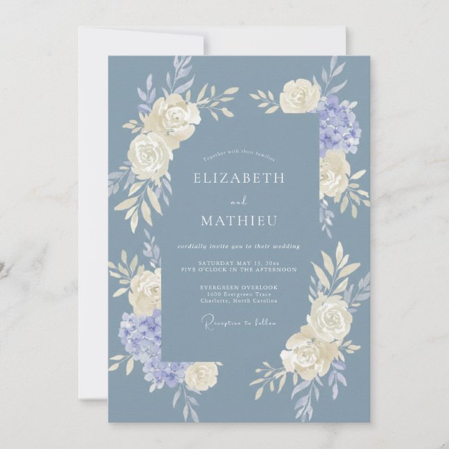 Convite Casamento Flor de Serenidade Azul Desbotado (Frente)