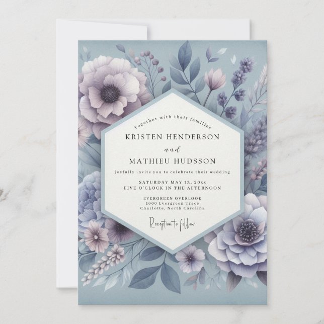 Convite Casamento Flor de Sonho Azul Poético (Frente)