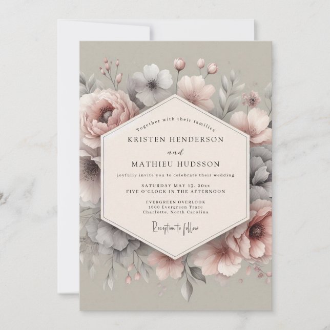 Convite Casamento Flor de Sonho Cinza Rosado (Frente)