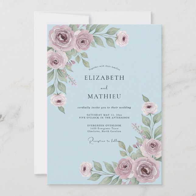 Convite Casamento Flor de Sussurro Azul Empoeirado (Frente)
