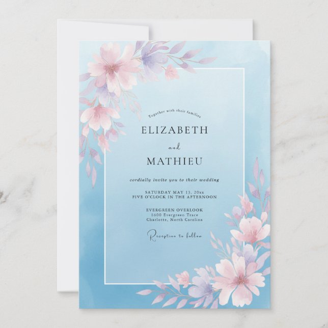 Convite Casamento Flor de Sussurro Azul Empoeirado (Frente)