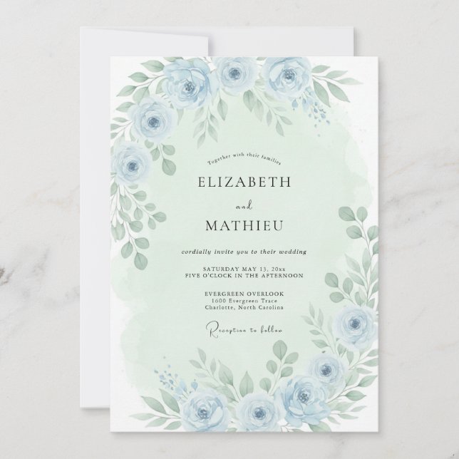 Convite Casamento Flor de Sussurro Azul Pó (Frente)