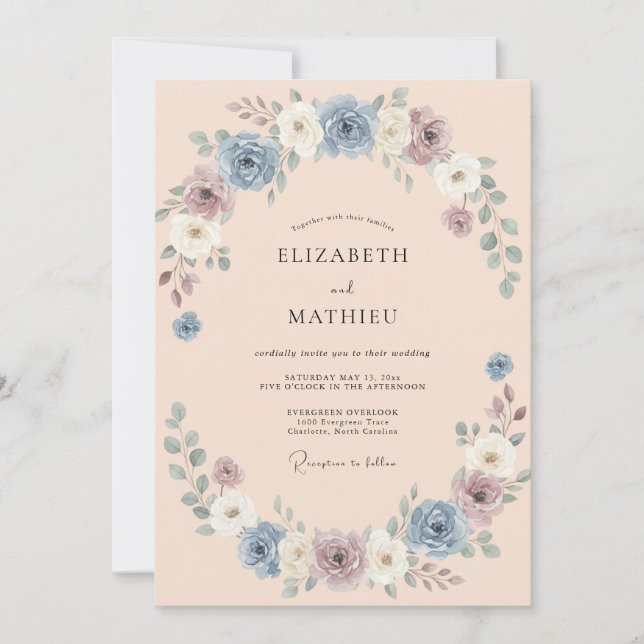 Convite Casamento Flor de Tecido Azul-Violeta (Frente)