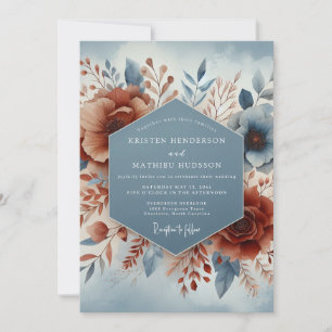Convite Casamento Flor de Terracota Azul Ardósia
