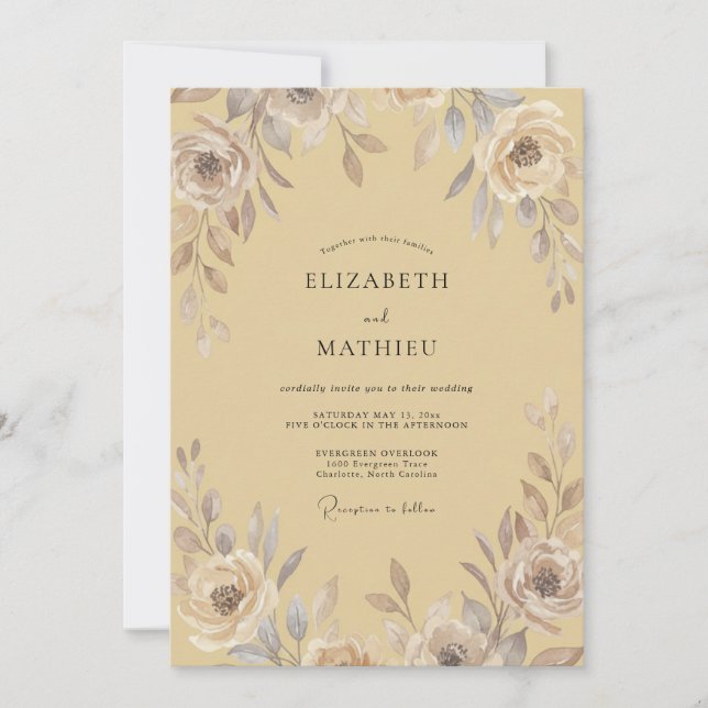Convite Casamento Flor de Tom Taupe Dourado (Frente)