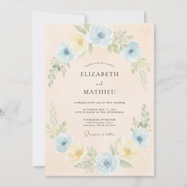 Convite Casamento Flor de Tons Azul Pálido (Frente)