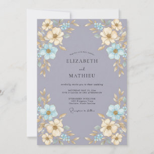 Convite Casamento Flor de Tons de Champanhe e Periwinkle