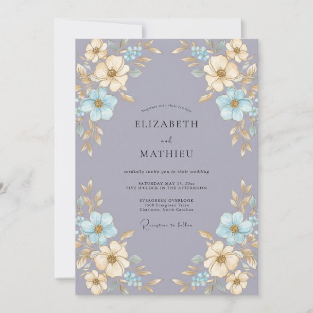 Convite Casamento Flor de Tons de Champanhe e Periwinkle (Frente)