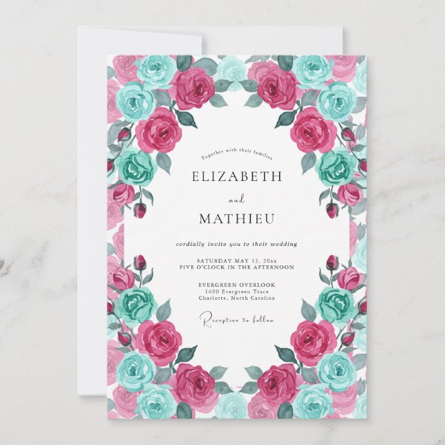 Convite Casamento Flor de Turquesa Magenta (Frente)