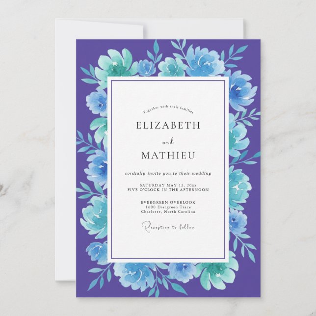 Convite Casamento Flor de Turquesa Violeta Boho (Frente)