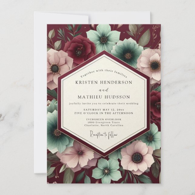 Convite Casamento Flor de Veludo Borgonha (Frente)