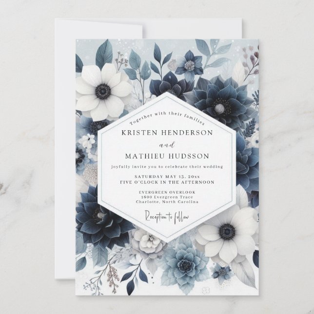 Convite Casamento Flor de Véspera Azul Empoeirado (Frente)