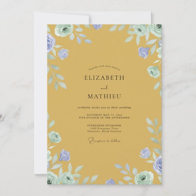 Convite Casamento Flor de Vinca Mostarda (Frente)