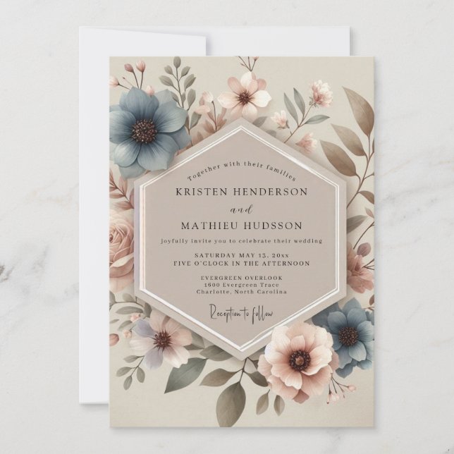 Convite Casamento Flor de Vintage Azul Empoeirado (Frente)