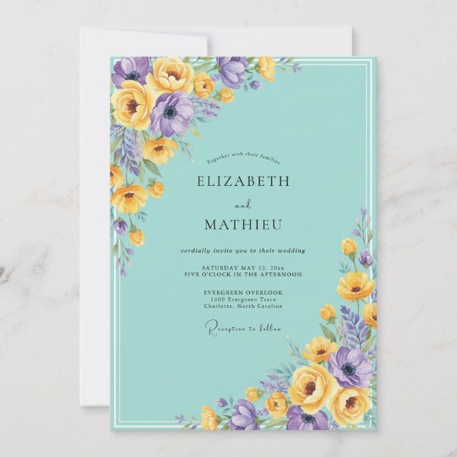 Convite Casamento Flor de Violeta Turquesa (Frente)