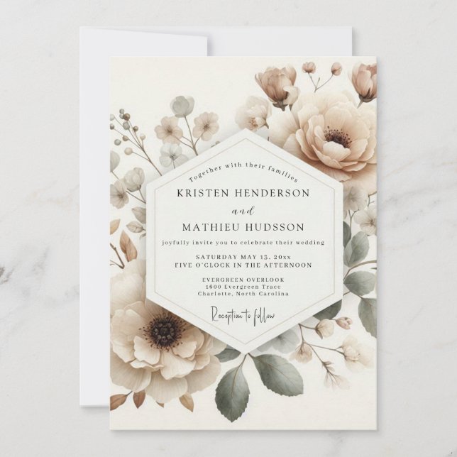 Convite Casamento Flor Desbotada Bege (Frente)