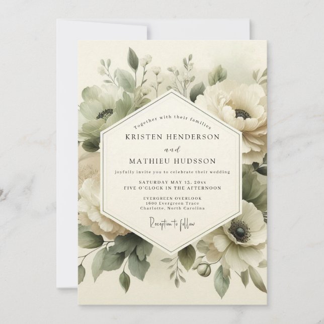 Convite Casamento Flor Eterna Verde Sálvia (Frente)