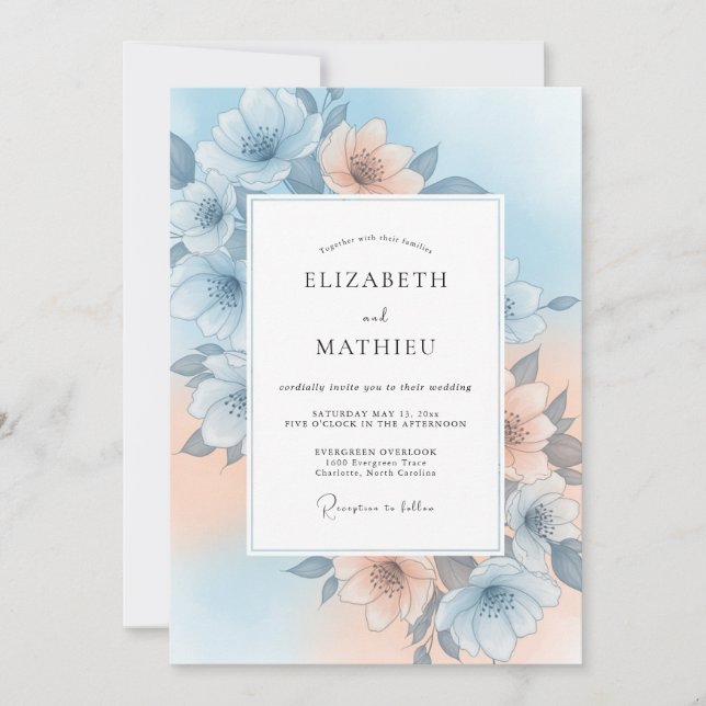 Convite Casamento Flor Gentil Azul Céu (Frente)