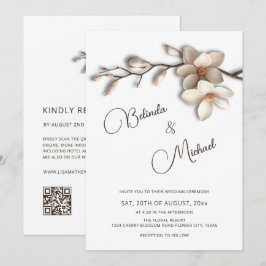 Convite Casamento Flor Magnólia Efeito Realçado Branco Esm