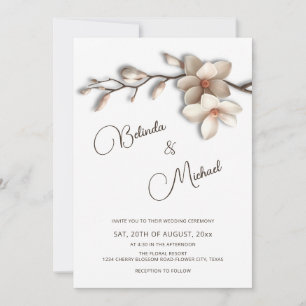 Convite Casamento Flor Magnólia Efeito Realçado Branco Esm