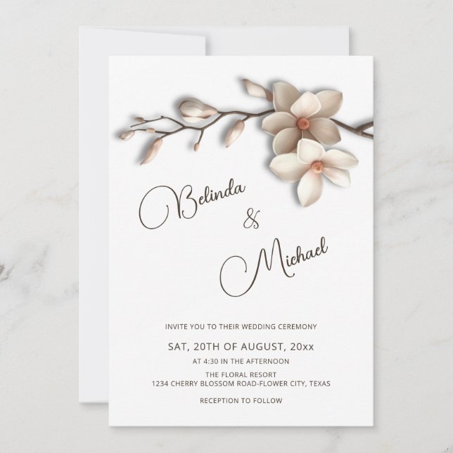 Convite Casamento Flor Magnólia Efeito Realçado Branco Esm (Frente)