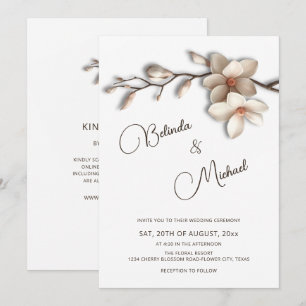 Convite Casamento Flor Magnólia Efeito Realçado Branco Esm