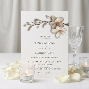 Convite Casamento Flor Magnólia Texturizada Branco de Marf