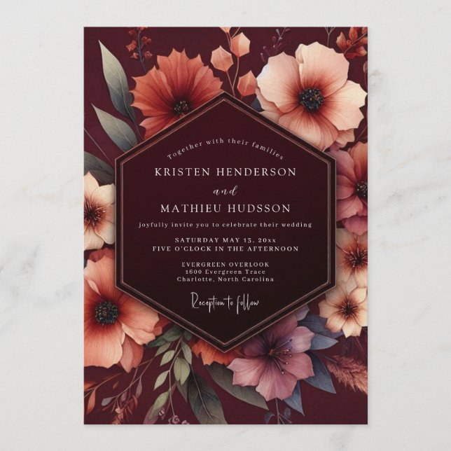 Convite Casamento Flor Nocturna Borgonha (Frente)